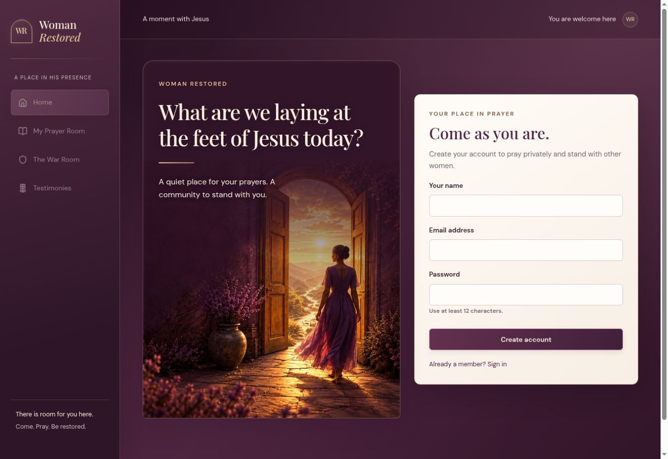 Woman Restored public app entry page